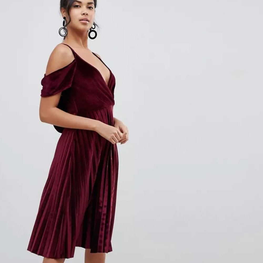 ASOS Design Pleated Velvet Maroon Midi Dress with Cowl Back